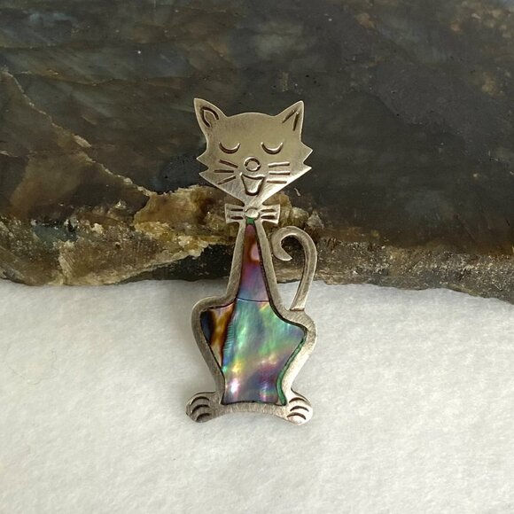 VTG Sterling Silver 925 Taxco Mexico JHE Abalone Inlay Kitty Cat Kitten Brooch - Picture 1 of 15